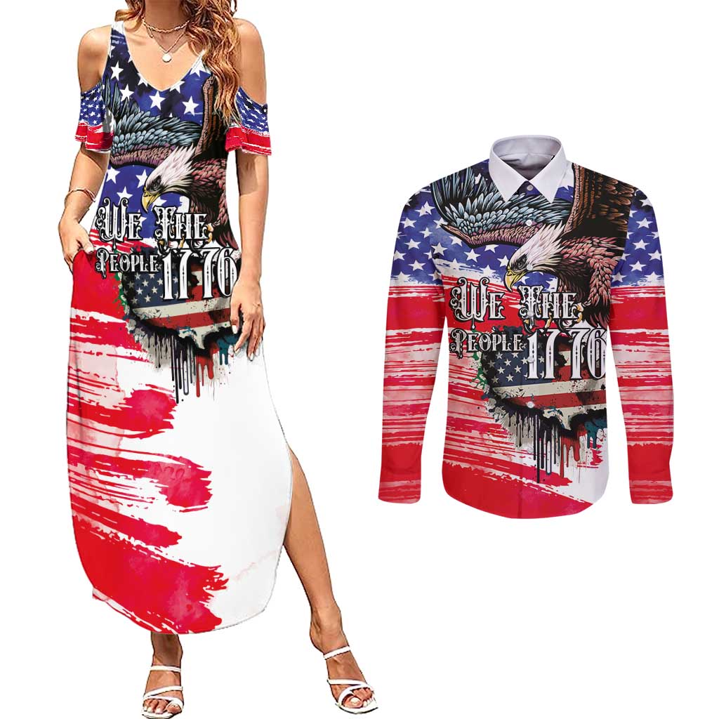 The United States Independence Day Couples Matching Summer Maxi Dress and Long Sleeve Button Shirt We The People Watercolor Style