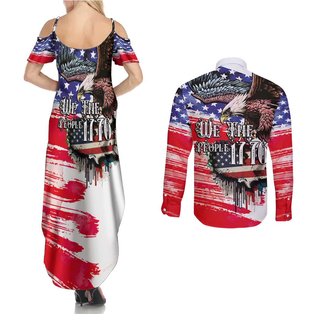 The United States Independence Day Couples Matching Summer Maxi Dress and Long Sleeve Button Shirt We The People Watercolor Style