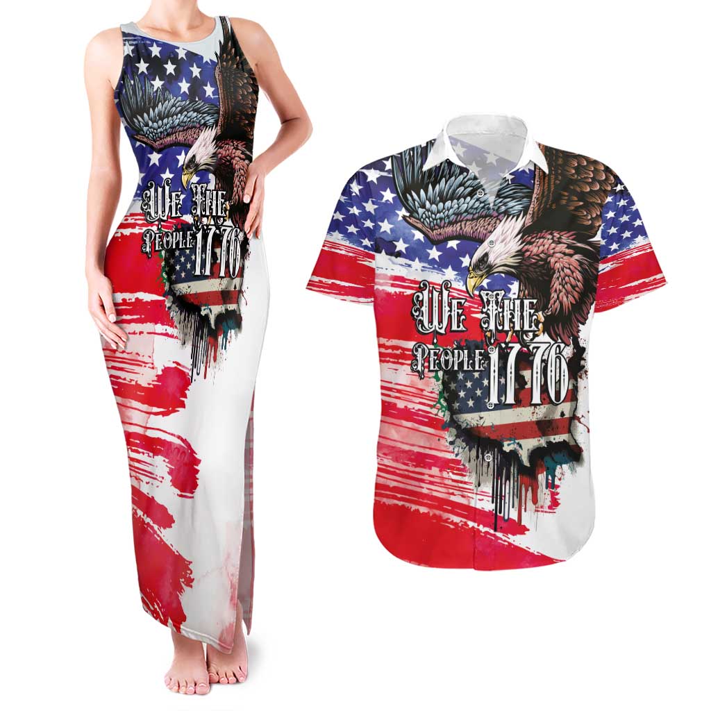The United States Independence Day Couples Matching Tank Maxi Dress and Hawaiian Shirt We The People Watercolor Style