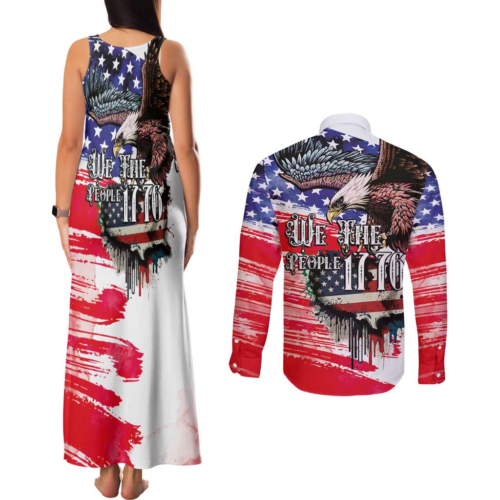 The United States Independence Day Couples Matching Tank Maxi Dress and Long Sleeve Button Shirt We The People Watercolor Style