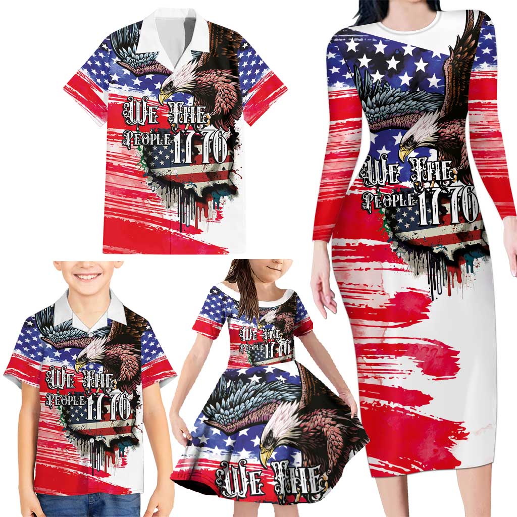 The United States Independence Day Family Matching Long Sleeve Bodycon Dress and Hawaiian Shirt We The People Watercolor Style