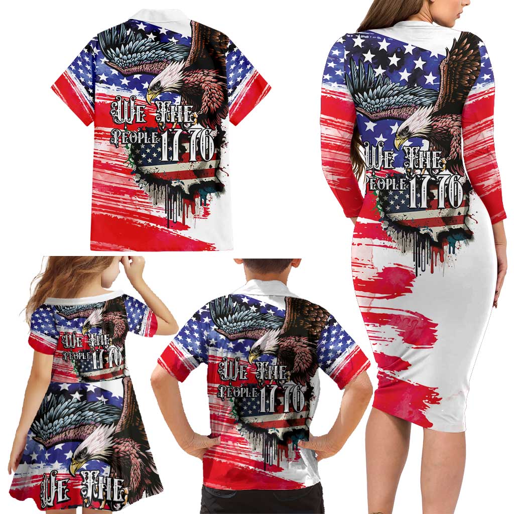 The United States Independence Day Family Matching Long Sleeve Bodycon Dress and Hawaiian Shirt We The People Watercolor Style