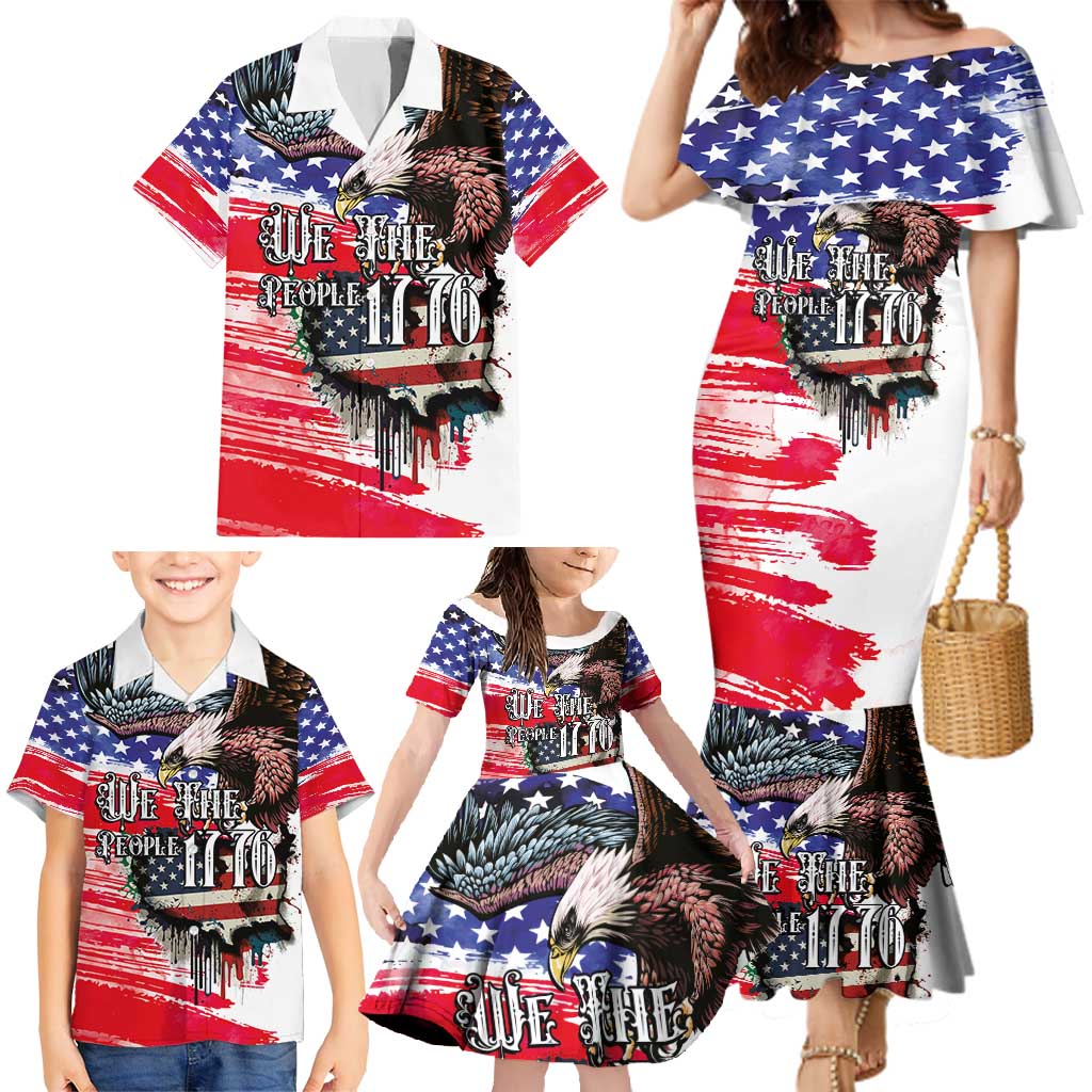 The United States Independence Day Family Matching Mermaid Dress and Hawaiian Shirt We The People Watercolor Style