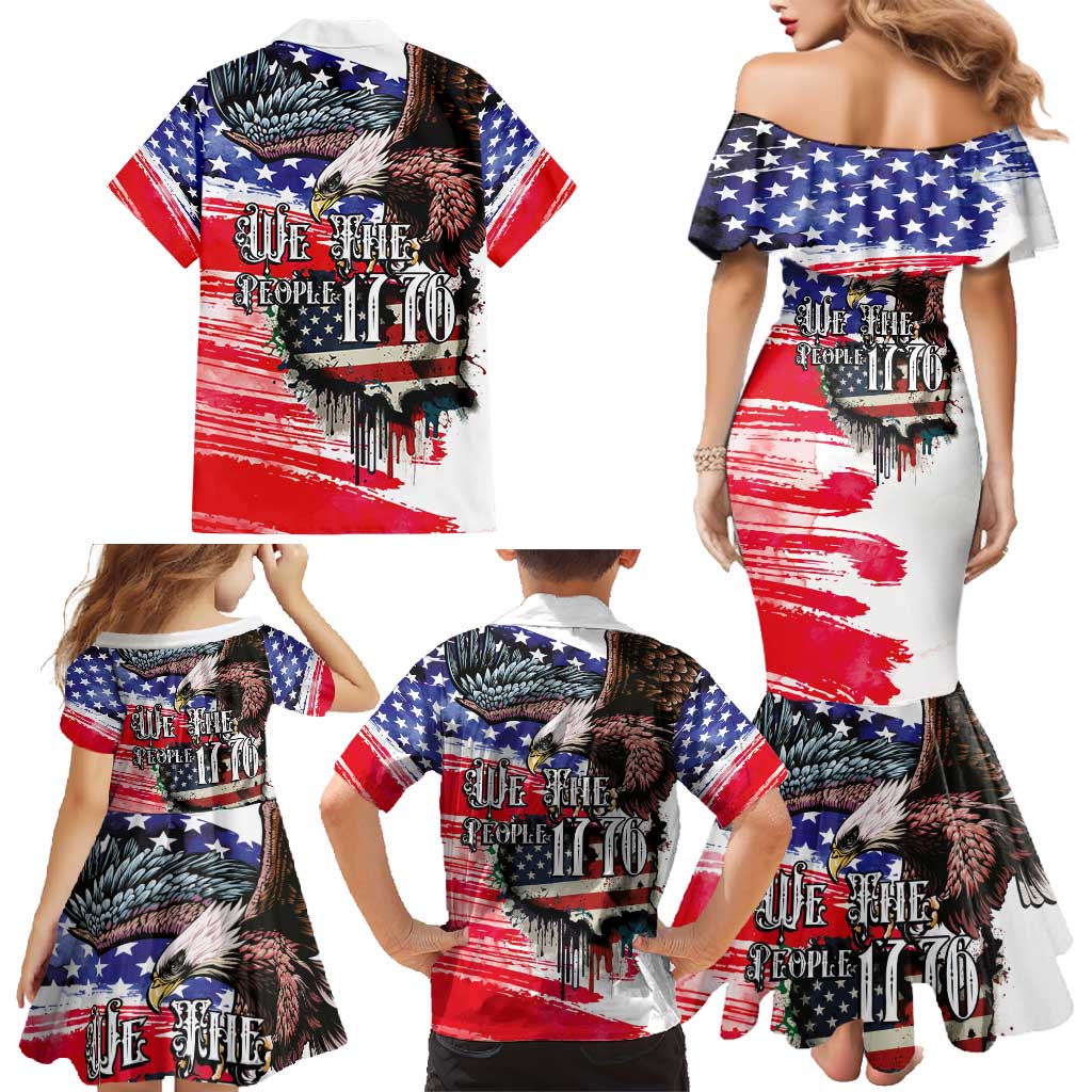 The United States Independence Day Family Matching Mermaid Dress and Hawaiian Shirt We The People Watercolor Style