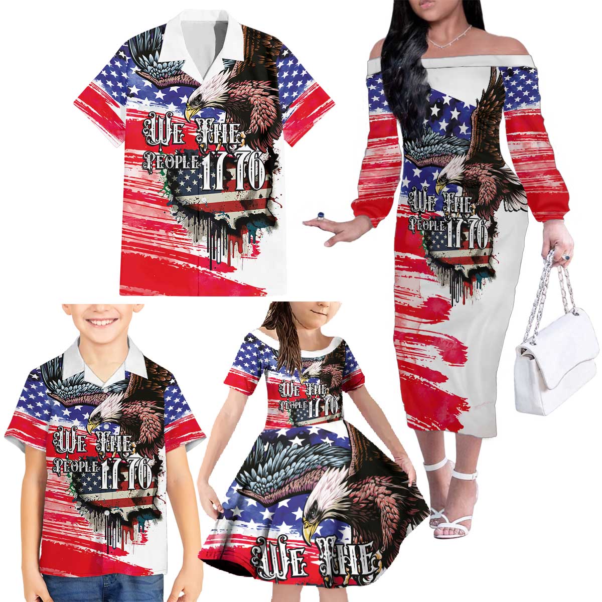 The United States Independence Day Family Matching Off The Shoulder Long Sleeve Dress and Hawaiian Shirt We The People Watercolor Style