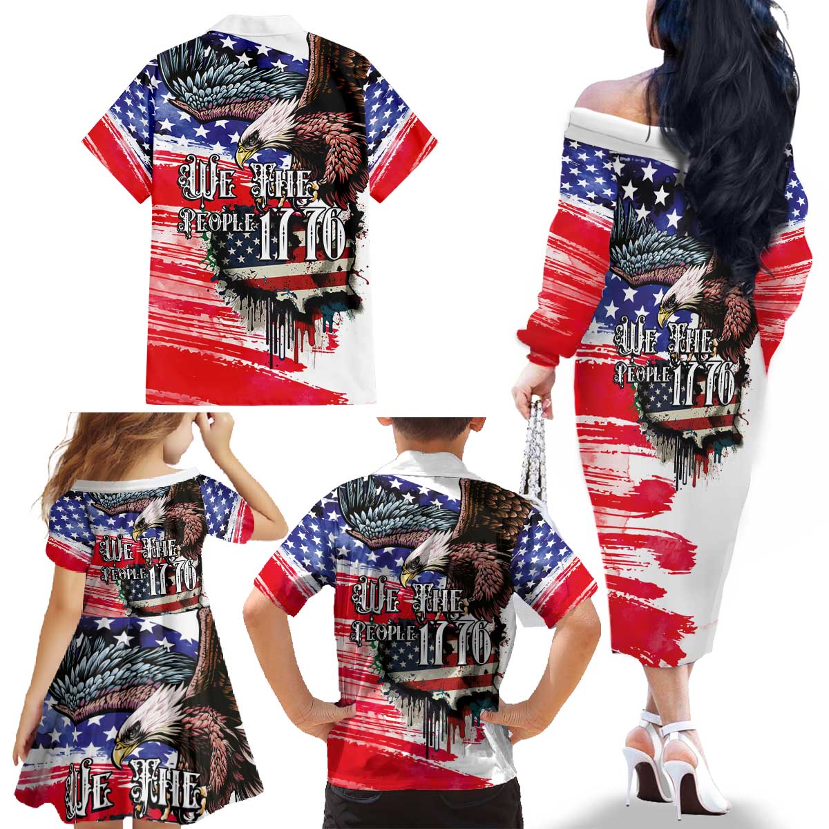 The United States Independence Day Family Matching Off The Shoulder Long Sleeve Dress and Hawaiian Shirt We The People Watercolor Style