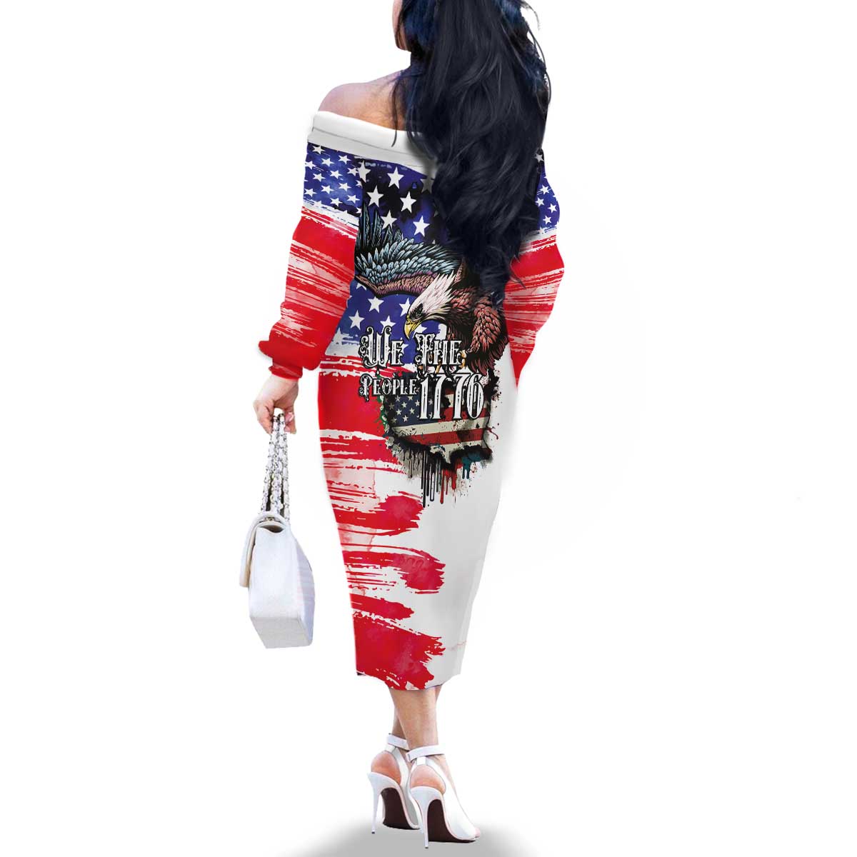 The United States Independence Day Family Matching Off The Shoulder Long Sleeve Dress and Hawaiian Shirt We The People Watercolor Style