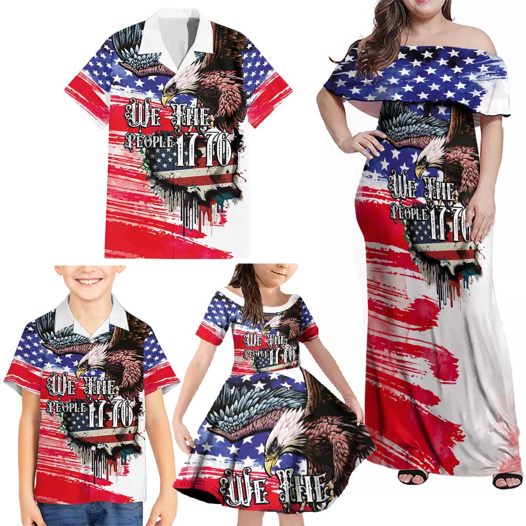 The United States Independence Day Family Matching Off Shoulder Maxi Dress and Hawaiian Shirt We The People Watercolor Style