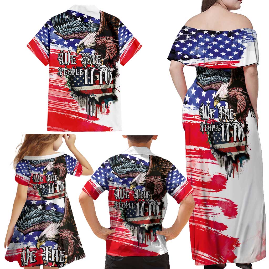 The United States Independence Day Family Matching Off Shoulder Maxi Dress and Hawaiian Shirt We The People Watercolor Style