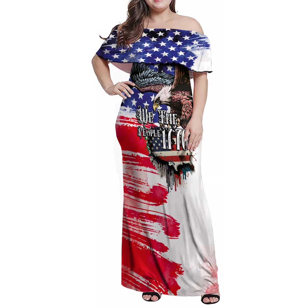 The United States Independence Day Family Matching Off Shoulder Maxi Dress and Hawaiian Shirt We The People Watercolor Style