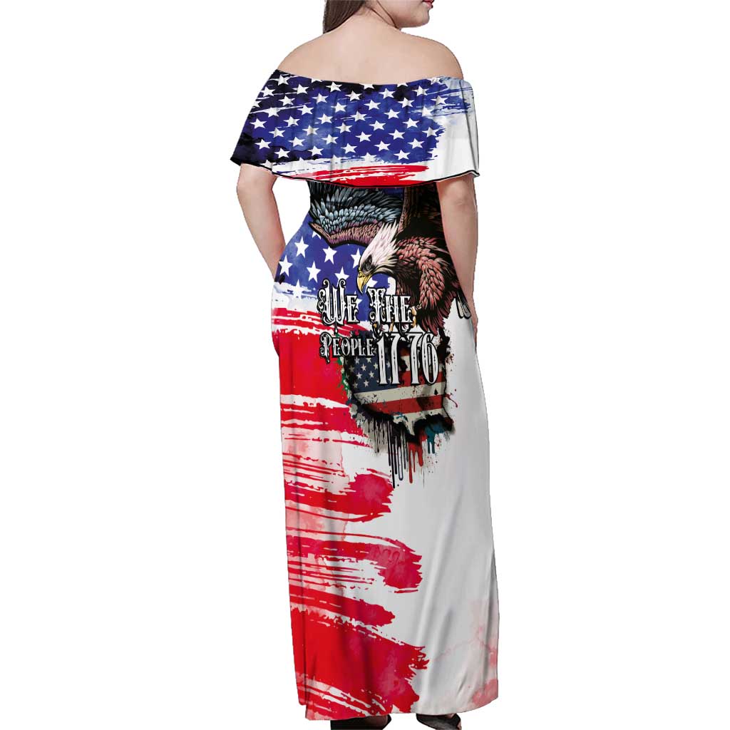 The United States Independence Day Family Matching Off Shoulder Maxi Dress and Hawaiian Shirt We The People Watercolor Style