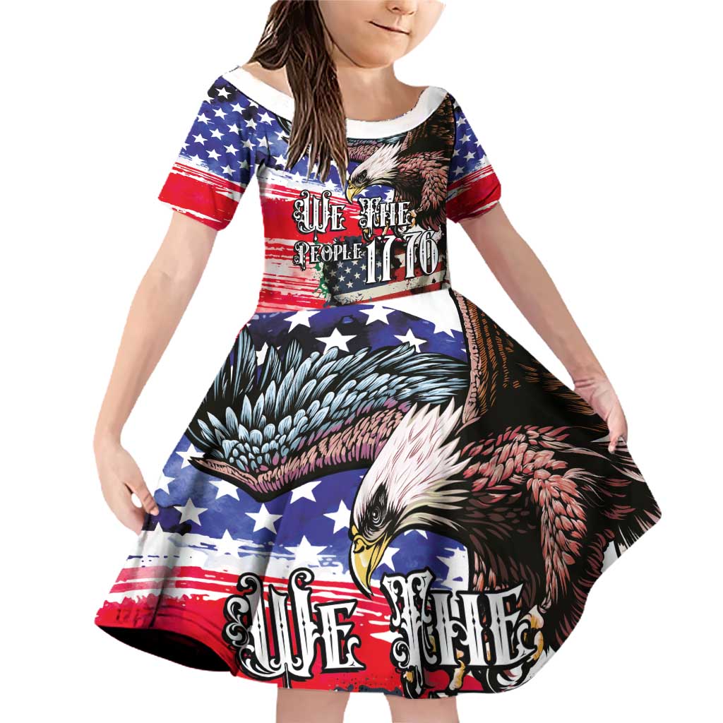 The United States Independence Day Family Matching Off Shoulder Short Dress and Hawaiian Shirt We The People Watercolor Style