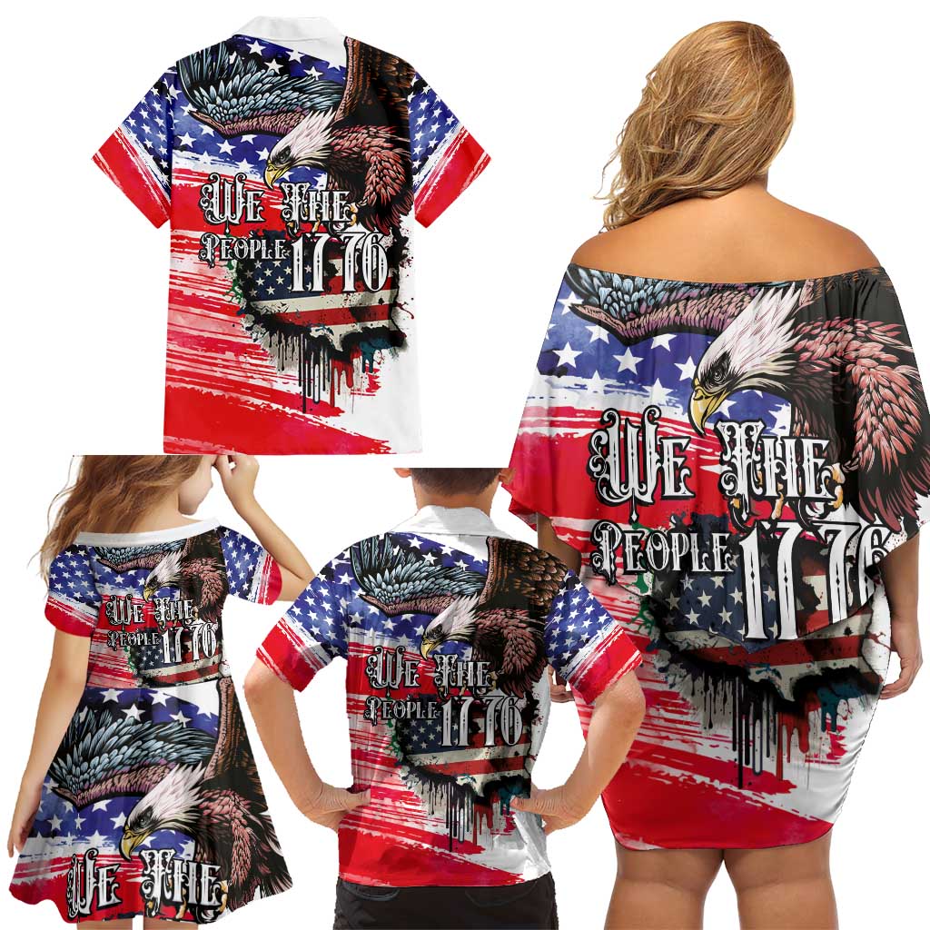 The United States Independence Day Family Matching Off Shoulder Short Dress and Hawaiian Shirt We The People Watercolor Style