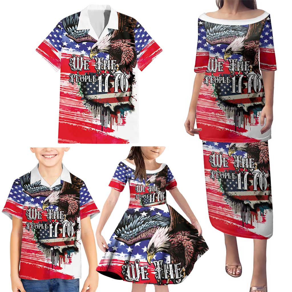 The United States Independence Day Family Matching Puletasi and Hawaiian Shirt We The People Watercolor Style
