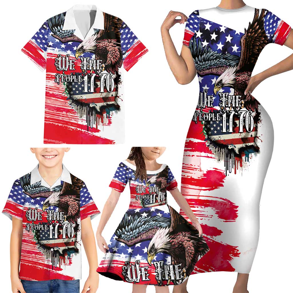 The United States Independence Day Family Matching Short Sleeve Bodycon Dress and Hawaiian Shirt We The People Watercolor Style