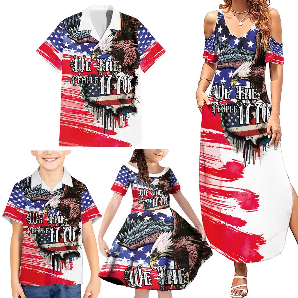 The United States Independence Day Family Matching Summer Maxi Dress and Hawaiian Shirt We The People Watercolor Style