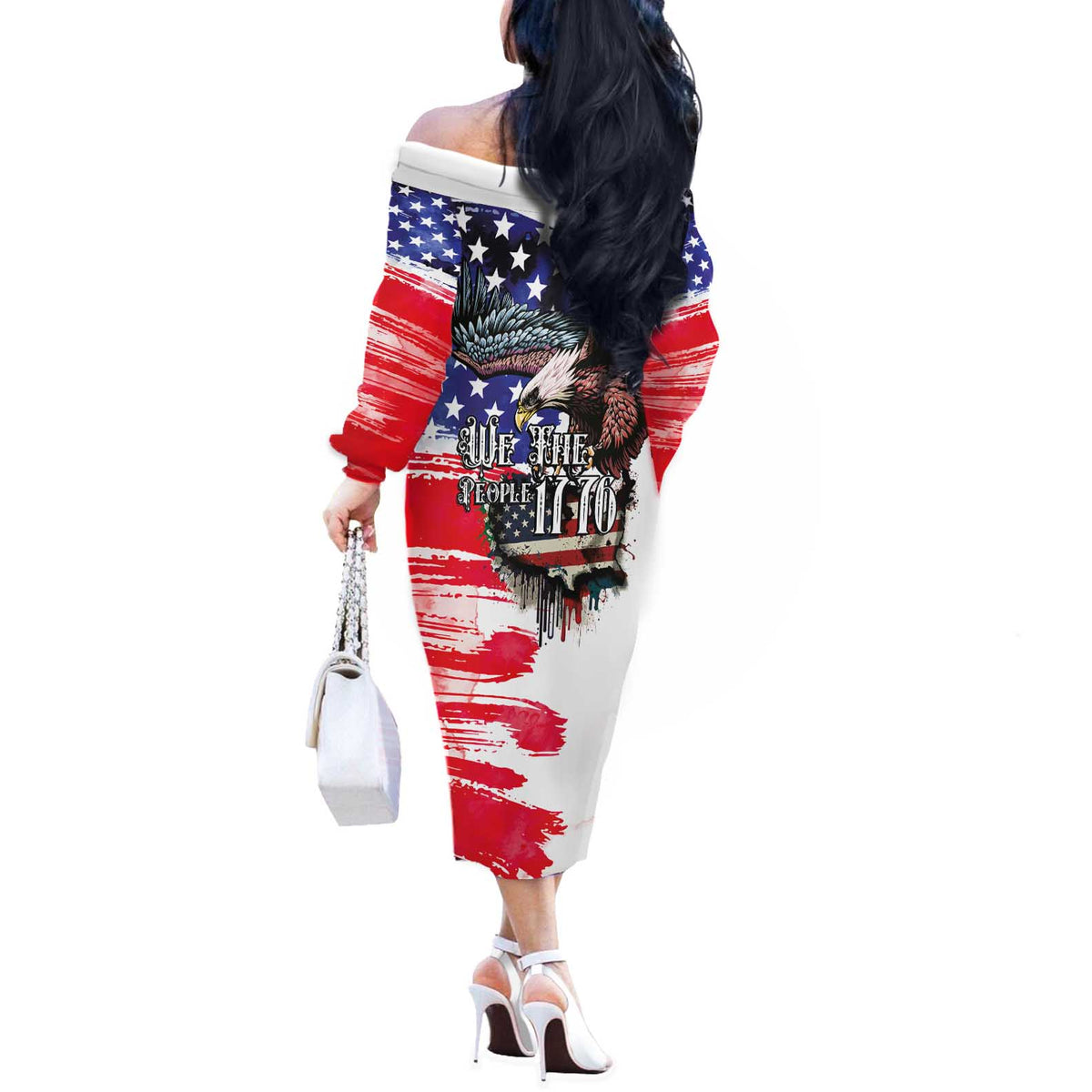 The United States Independence Day Off The Shoulder Long Sleeve Dress We The People Watercolor Style