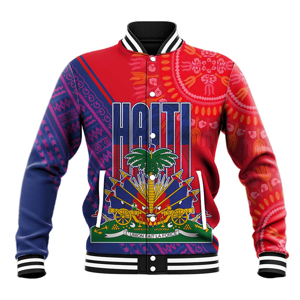 Haiti National Emblem Baseball Jacket Dashiki and Polynesian Pattern