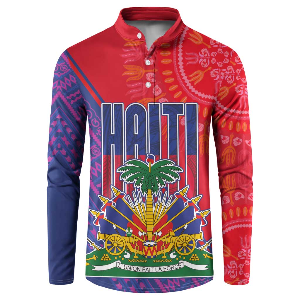 Haiti National Emblem Button Sweatshirt Dashiki and Polynesian Pattern