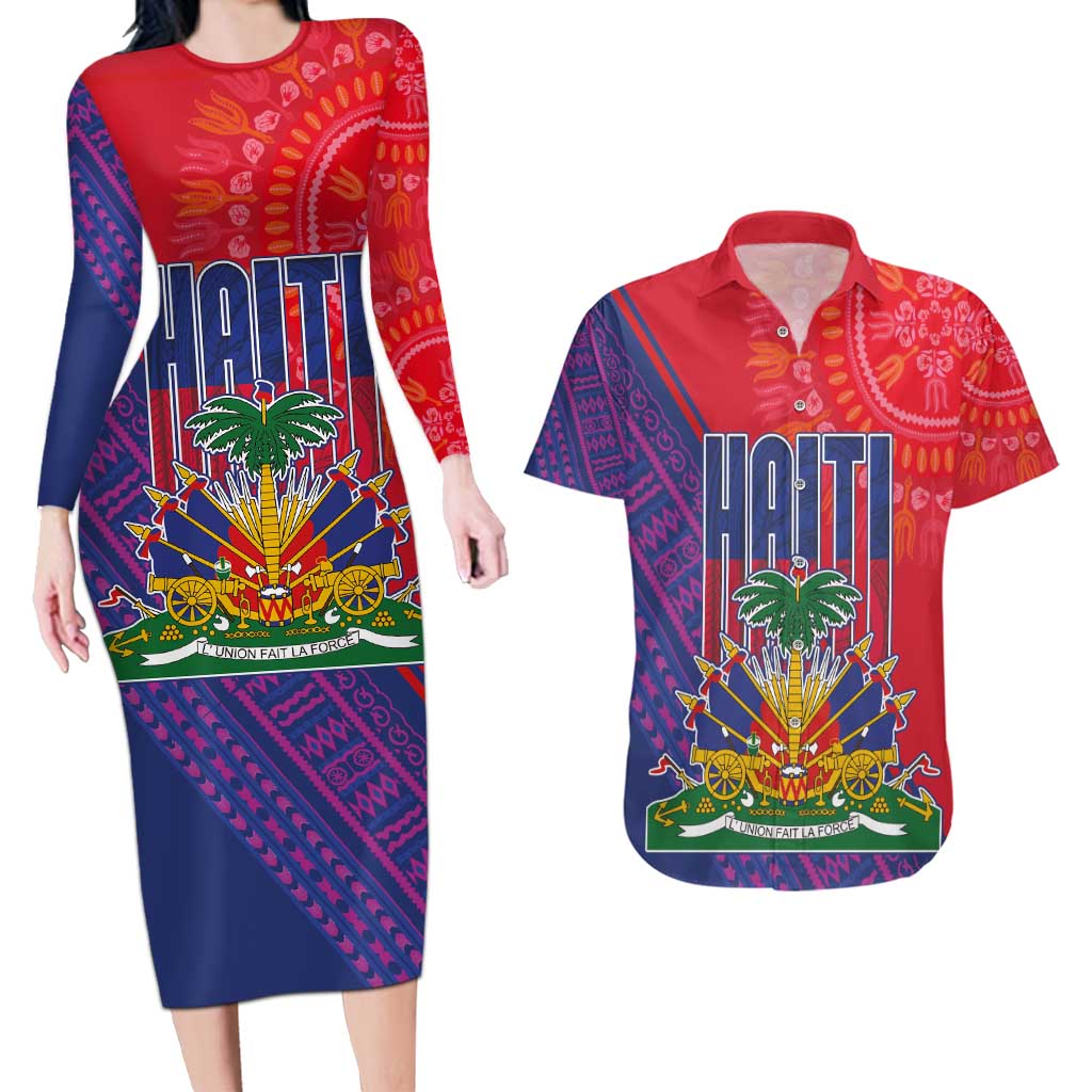 Haiti National Emblem Couples Matching Long Sleeve Bodycon Dress and Hawaiian Shirt Dashiki and Polynesian Pattern