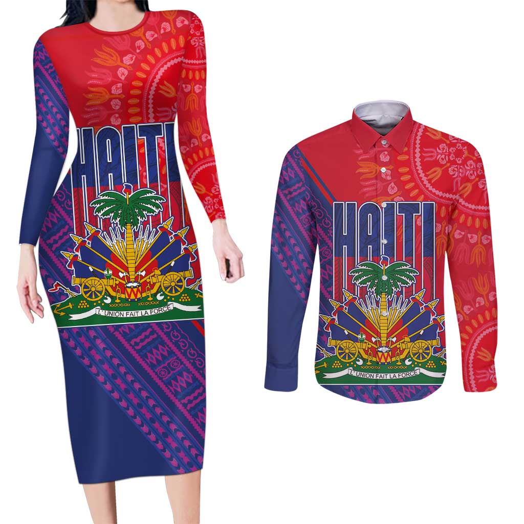 Haiti National Emblem Couples Matching Long Sleeve Bodycon Dress and Long Sleeve Button Shirt Dashiki and Polynesian Pattern