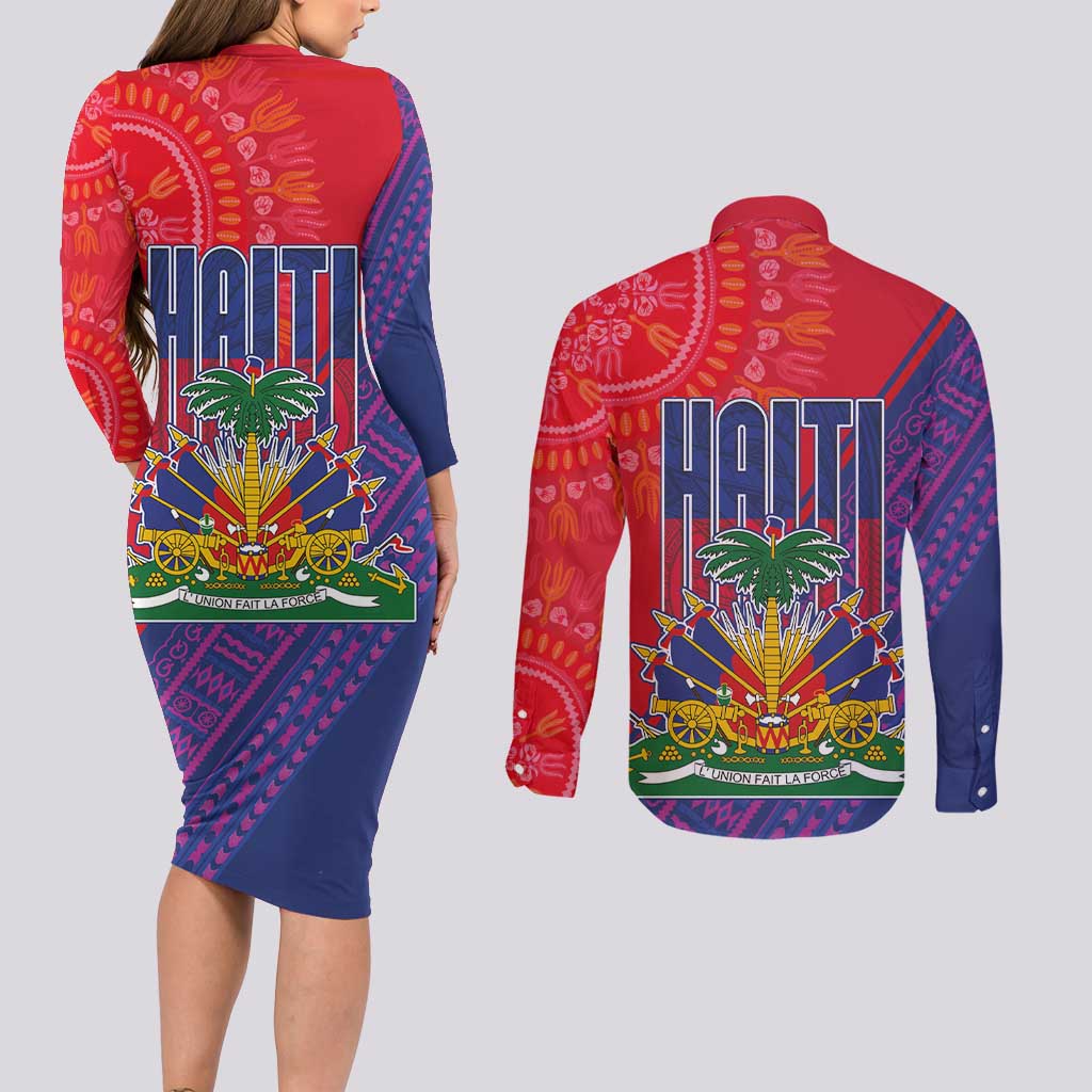 Haiti National Emblem Couples Matching Long Sleeve Bodycon Dress and Long Sleeve Button Shirt Dashiki and Polynesian Pattern
