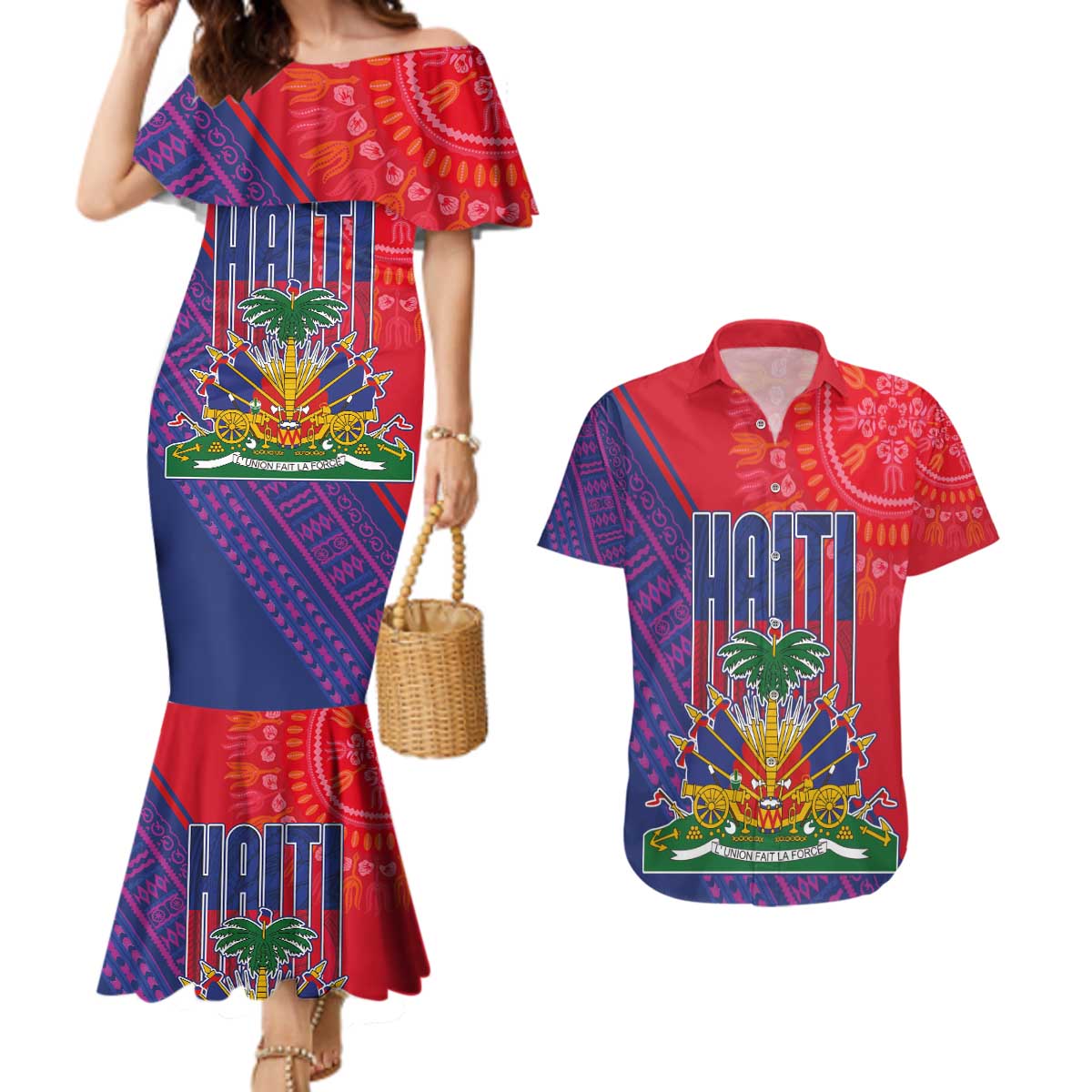 Haiti National Emblem Couples Matching Mermaid Dress and Hawaiian Shirt Dashiki and Polynesian Pattern