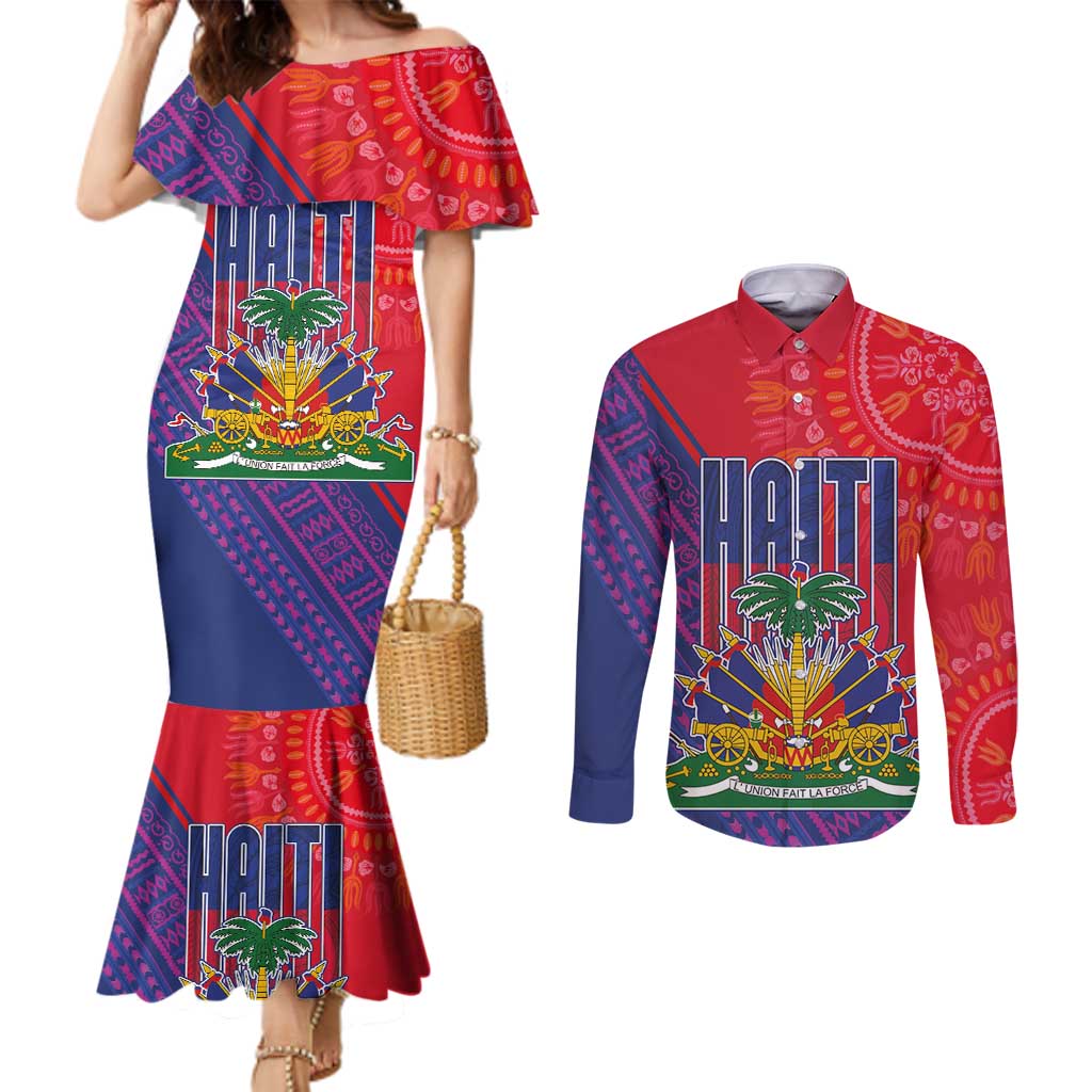 Haiti National Emblem Couples Matching Mermaid Dress and Long Sleeve Button Shirt Dashiki and Polynesian Pattern