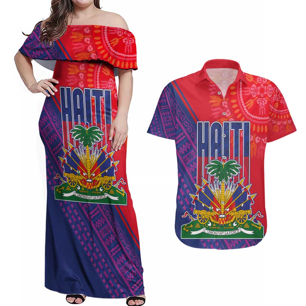 Haiti National Emblem Couples Matching Off Shoulder Maxi Dress and Hawaiian Shirt Dashiki and Polynesian Pattern