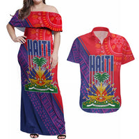 Haiti National Emblem Couples Matching Off Shoulder Maxi Dress and Hawaiian Shirt Dashiki and Polynesian Pattern