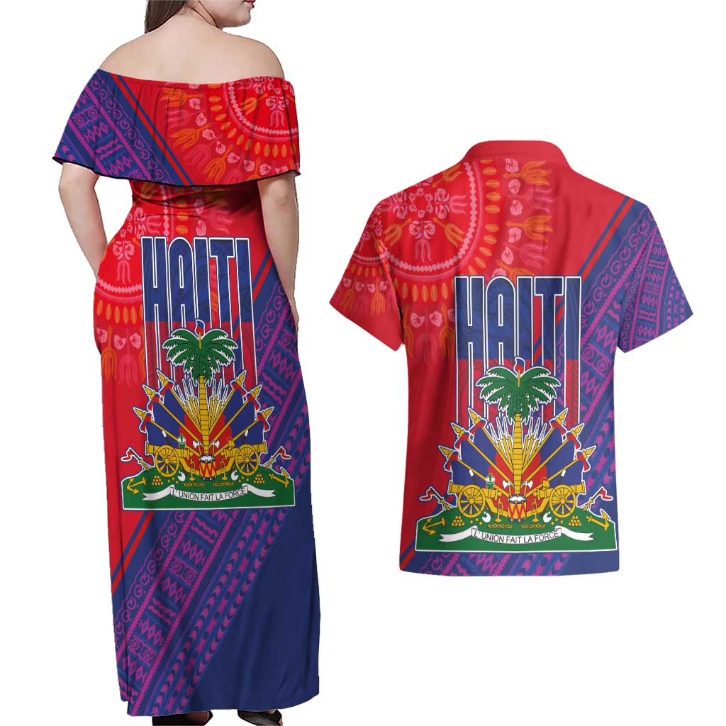 Haiti National Emblem Couples Matching Off Shoulder Maxi Dress and Hawaiian Shirt Dashiki and Polynesian Pattern