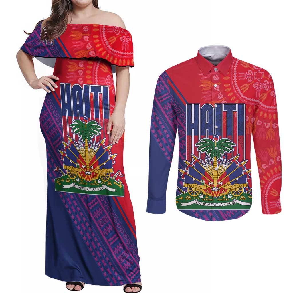 Haiti National Emblem Couples Matching Off Shoulder Maxi Dress and Long Sleeve Button Shirt Dashiki and Polynesian Pattern