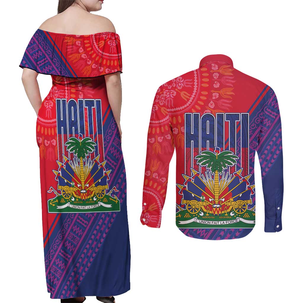 Haiti National Emblem Couples Matching Off Shoulder Maxi Dress and Long Sleeve Button Shirt Dashiki and Polynesian Pattern