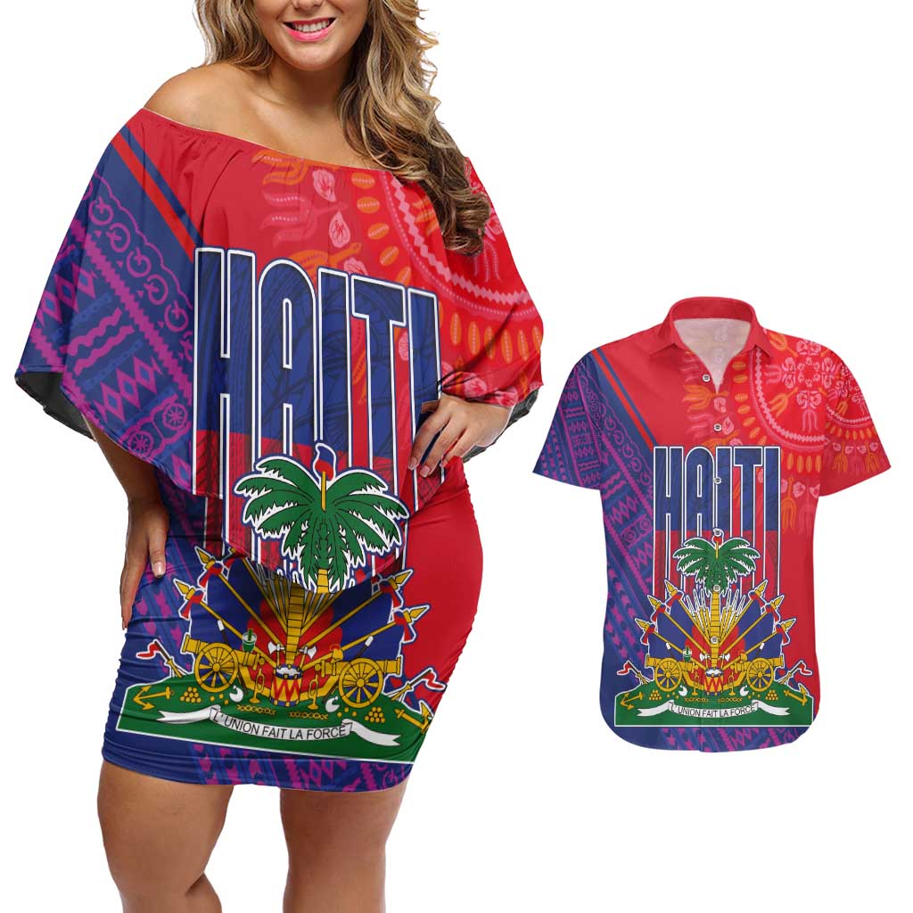 Haiti National Emblem Couples Matching Off Shoulder Short Dress and Hawaiian Shirt Dashiki and Polynesian Pattern