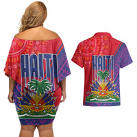 Haiti National Emblem Couples Matching Off Shoulder Short Dress and Hawaiian Shirt Dashiki and Polynesian Pattern