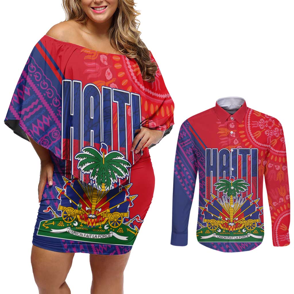 Haiti National Emblem Couples Matching Off Shoulder Short Dress and Long Sleeve Button Shirt Dashiki and Polynesian Pattern