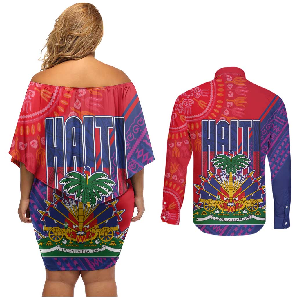 Haiti National Emblem Couples Matching Off Shoulder Short Dress and Long Sleeve Button Shirt Dashiki and Polynesian Pattern