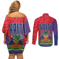 Haiti National Emblem Couples Matching Off Shoulder Short Dress and Long Sleeve Button Shirt Dashiki and Polynesian Pattern
