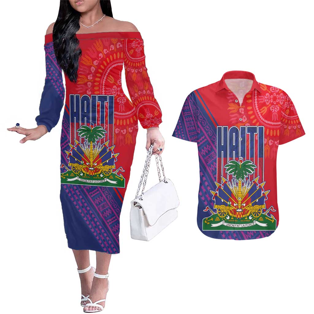 Haiti National Emblem Couples Matching Off The Shoulder Long Sleeve Dress and Hawaiian Shirt Dashiki and Polynesian Pattern