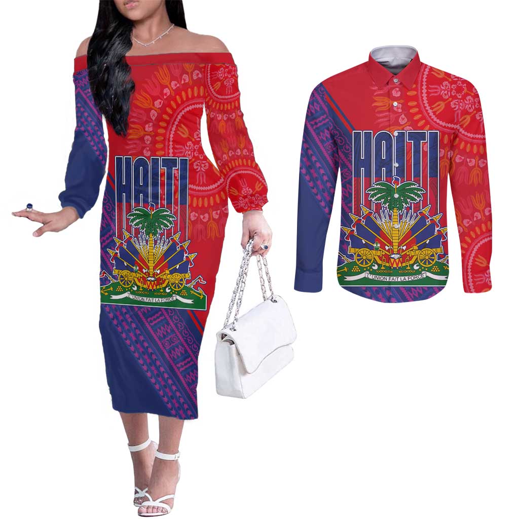Haiti National Emblem Couples Matching Off The Shoulder Long Sleeve Dress and Long Sleeve Button Shirt Dashiki and Polynesian Pattern