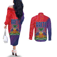Haiti National Emblem Couples Matching Off The Shoulder Long Sleeve Dress and Long Sleeve Button Shirt Dashiki and Polynesian Pattern