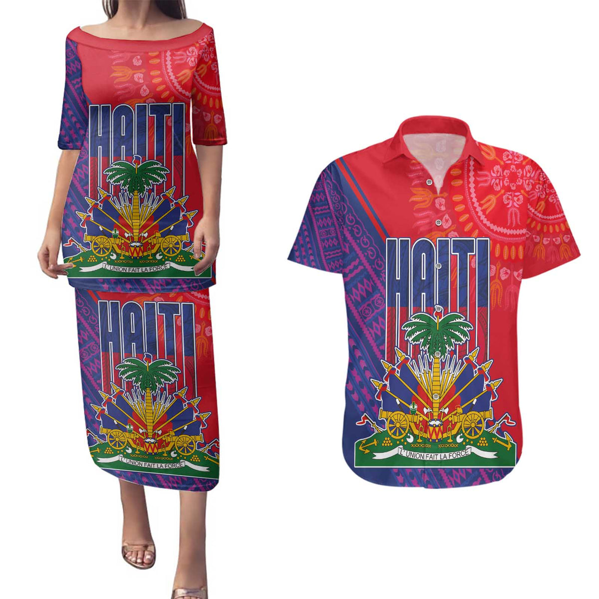 Haiti National Emblem Couples Matching Puletasi and Hawaiian Shirt Dashiki and Polynesian Pattern