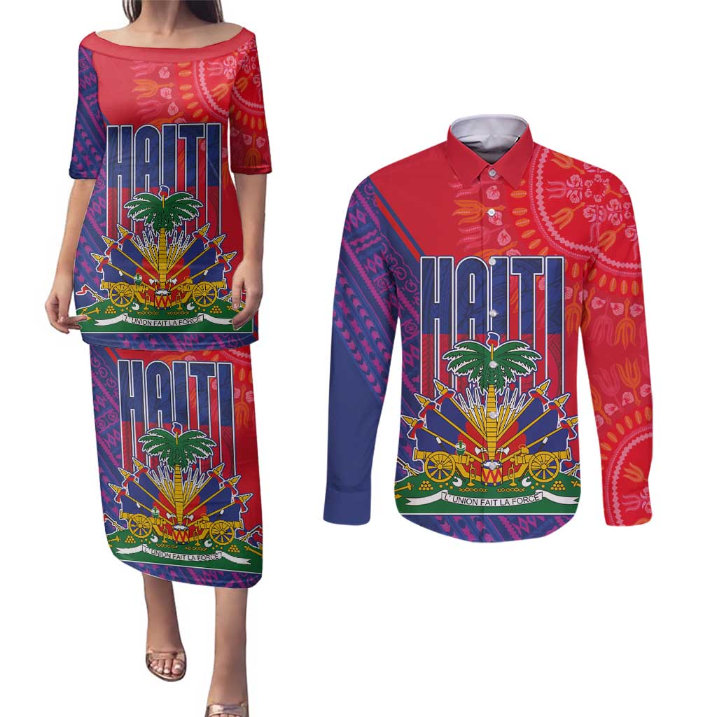 Haiti National Emblem Couples Matching Puletasi and Long Sleeve Button Shirt Dashiki and Polynesian Pattern