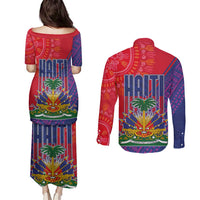 Haiti National Emblem Couples Matching Puletasi and Long Sleeve Button Shirt Dashiki and Polynesian Pattern