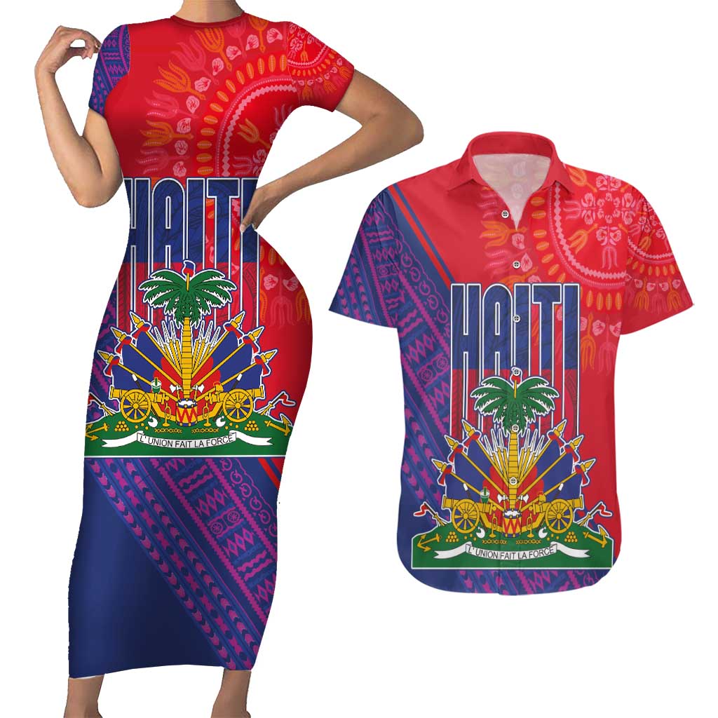 Haiti National Emblem Couples Matching Short Sleeve Bodycon Dress and Hawaiian Shirt Dashiki and Polynesian Pattern