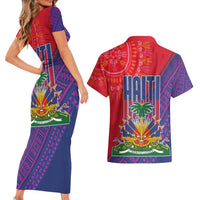 Haiti National Emblem Couples Matching Short Sleeve Bodycon Dress and Hawaiian Shirt Dashiki and Polynesian Pattern