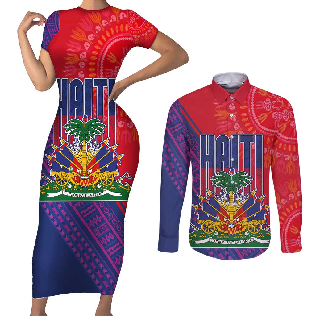 Haiti National Emblem Couples Matching Short Sleeve Bodycon Dress and Long Sleeve Button Shirt Dashiki and Polynesian Pattern