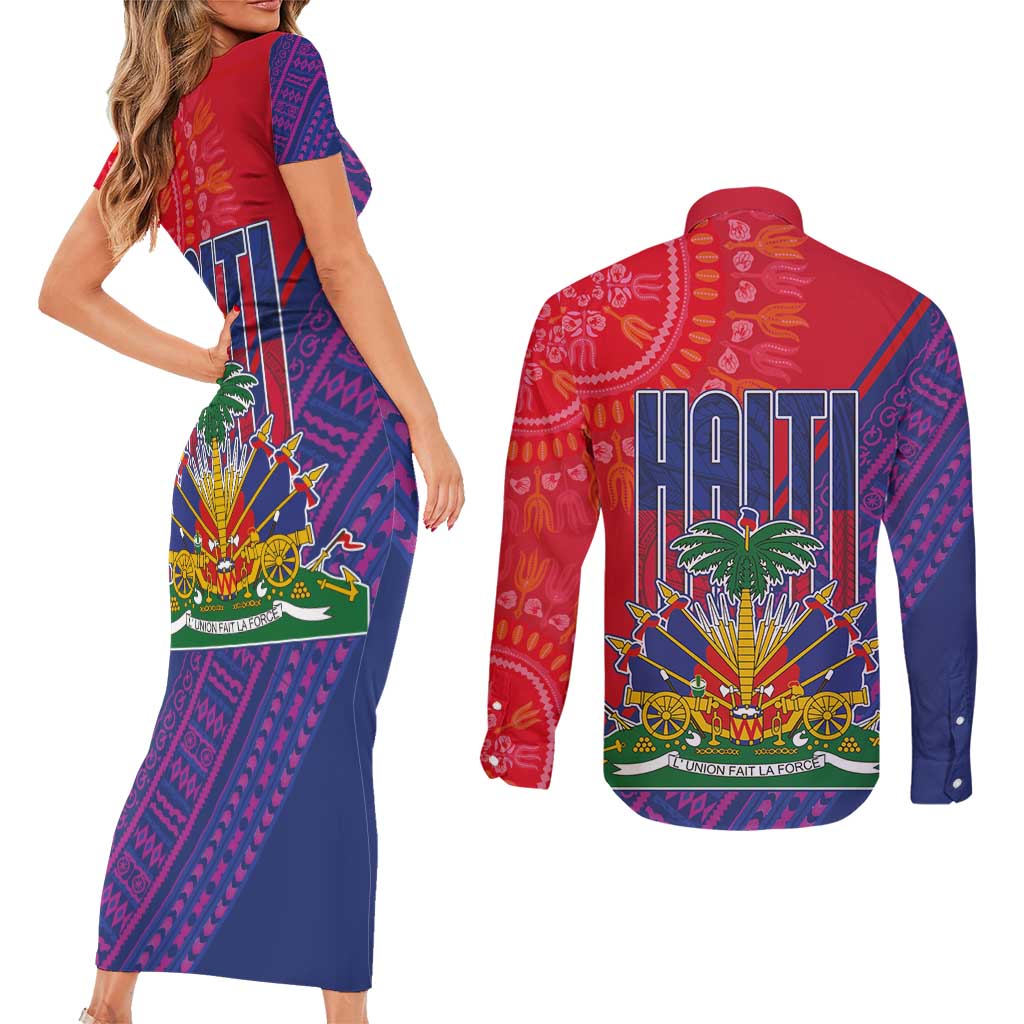 Haiti National Emblem Couples Matching Short Sleeve Bodycon Dress and Long Sleeve Button Shirt Dashiki and Polynesian Pattern