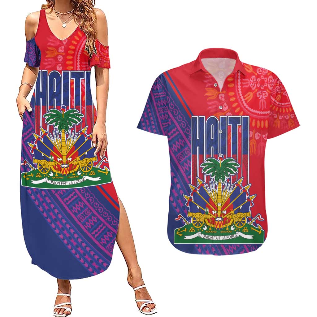 Haiti National Emblem Couples Matching Summer Maxi Dress and Hawaiian Shirt Dashiki and Polynesian Pattern