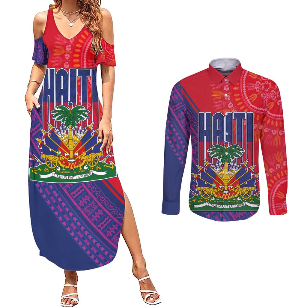 Haiti National Emblem Couples Matching Summer Maxi Dress and Long Sleeve Button Shirt Dashiki and Polynesian Pattern